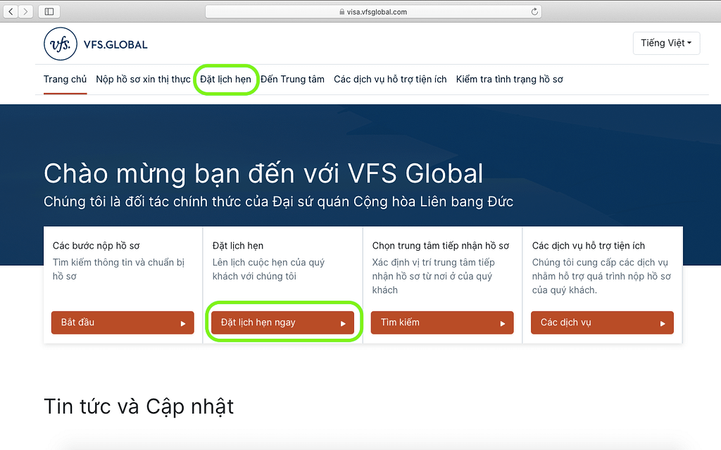 Truy cập VFS Đức đặt lịch hẹn 