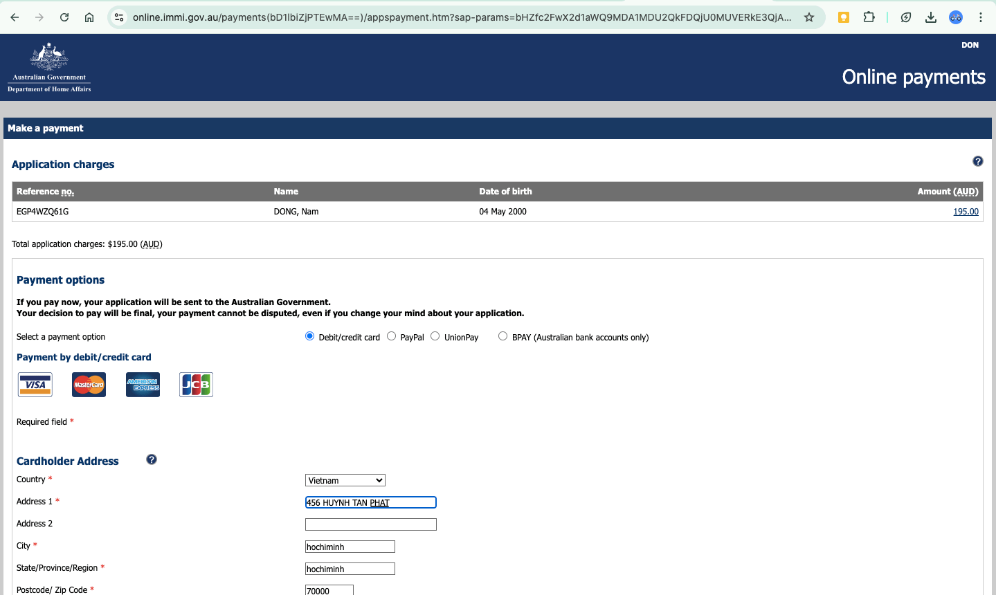 Thanh toán phí visa Úc online