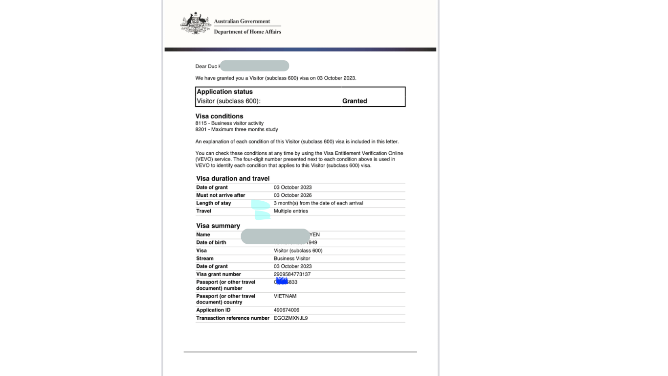 kết quả visa úc